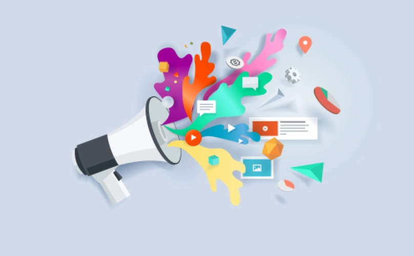 Graphic of a megaphone with various applications and colors coming out of it.